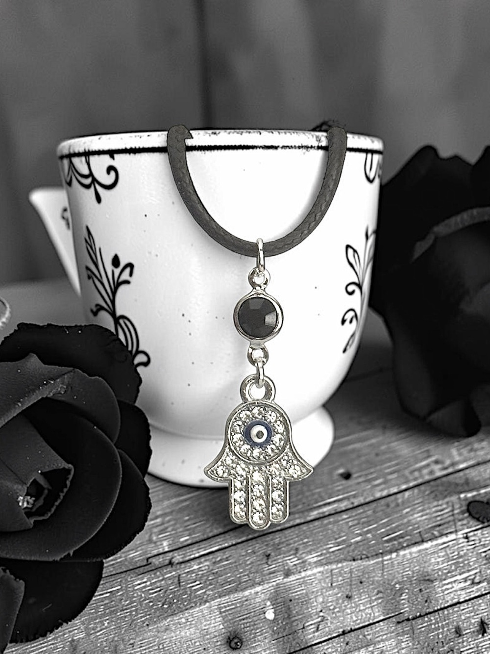 5 For $25💫Silver Hamsa Hand Pendant Necklace With Black Acrylic Gem Accent